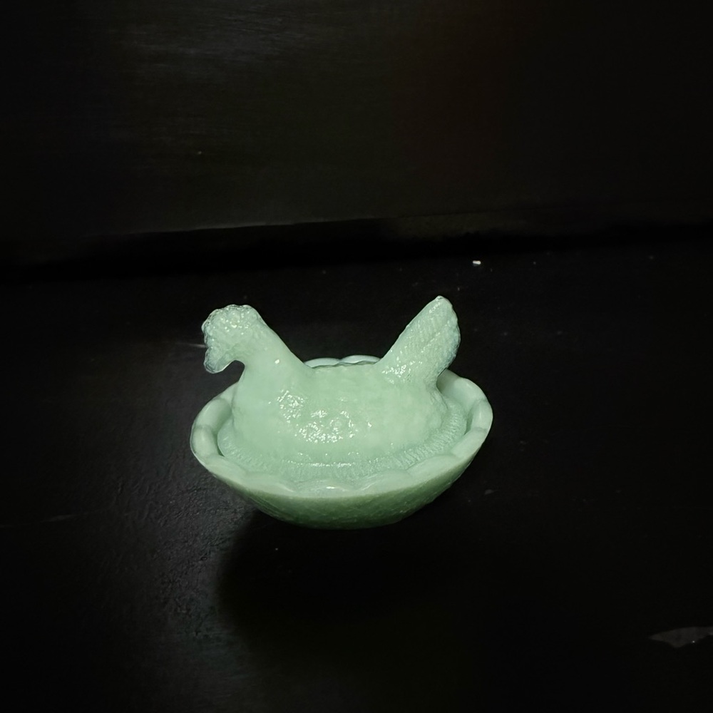 Mini Jadeite Green Glass Hen on Nest